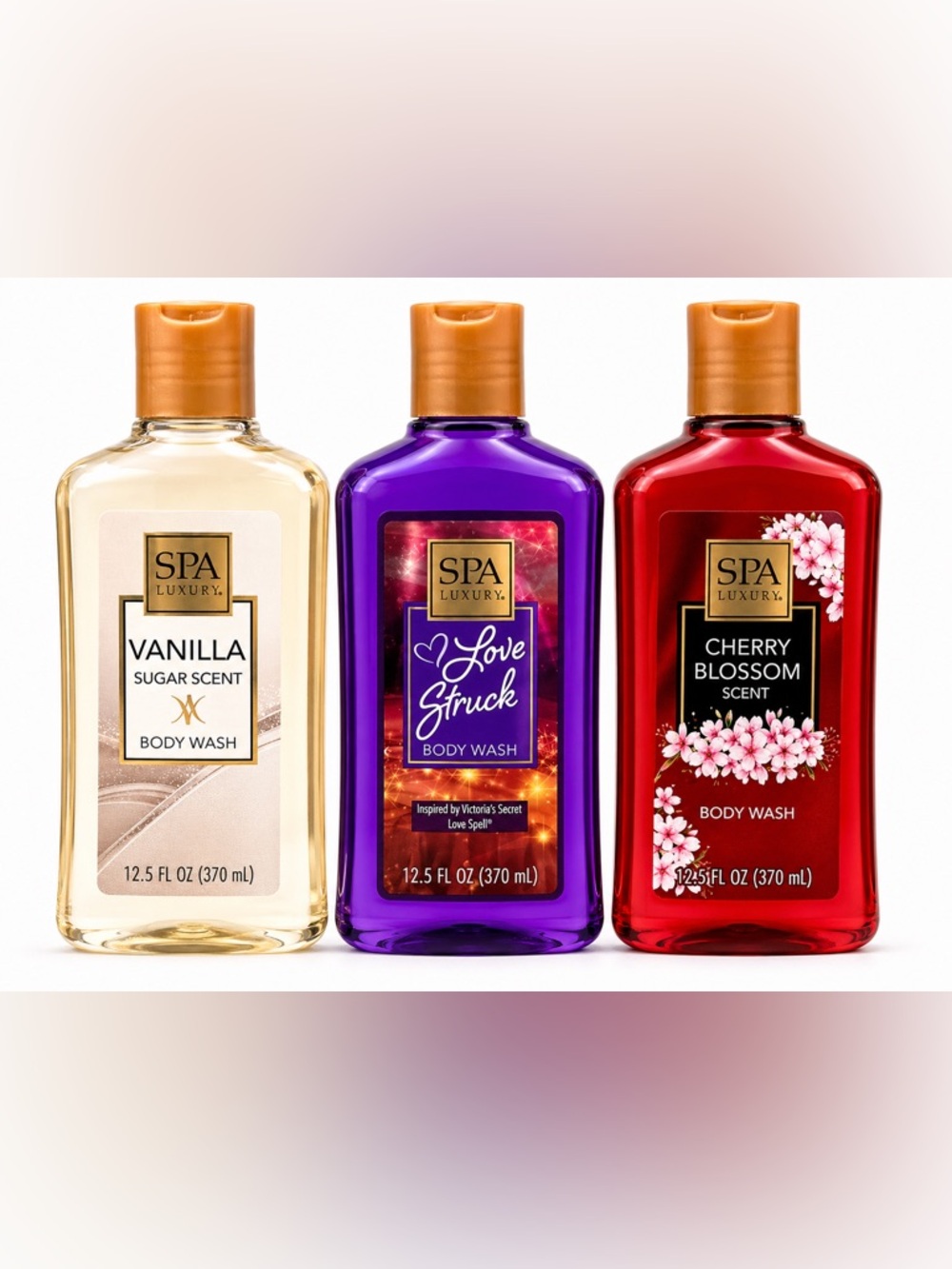 Spa luxury body wash 3 pack vanilla, love struck, cherry blossom- 12.5 oz each